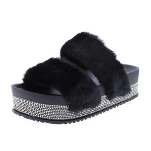 ‼️LAST PAIR‼️ FAUX FUR Embellished Black DOUBLE STRAP Sandals